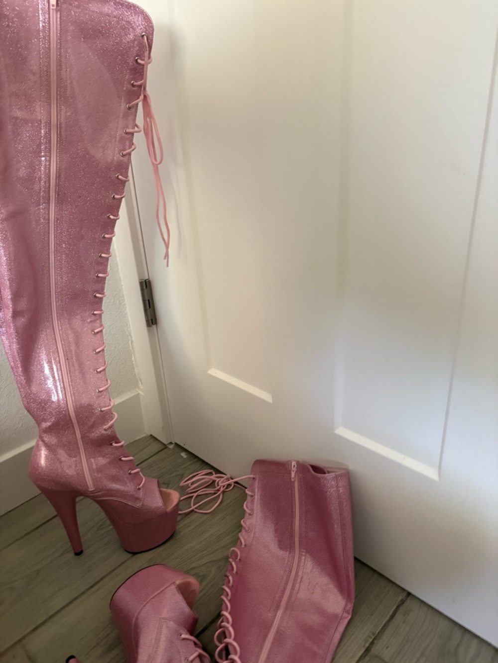 Shimmery Pink Lace-Up Platform Over-the-Knee Boots